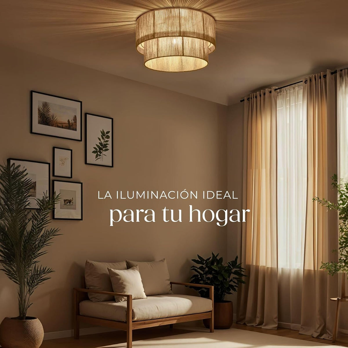 tectake® Lampara Techo Dormitorio Boho Artesanal en Yute Sostenible con Estructura de Acero, Lámpara de Techo Colgante Salón 40 W, Lampara Salon, Plafon - 45 x 45 x 27,5 cm
