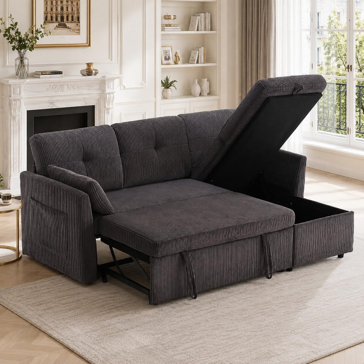Lubvtti Sofá cama de 3 plazas moderno con función de cama, con espacio de almacenamiento, cargador USB, reposabrazos portaobjetos y 2 cojines, sofá de esquina en L, sofá de 3 plazas, chenilla (C-gris)