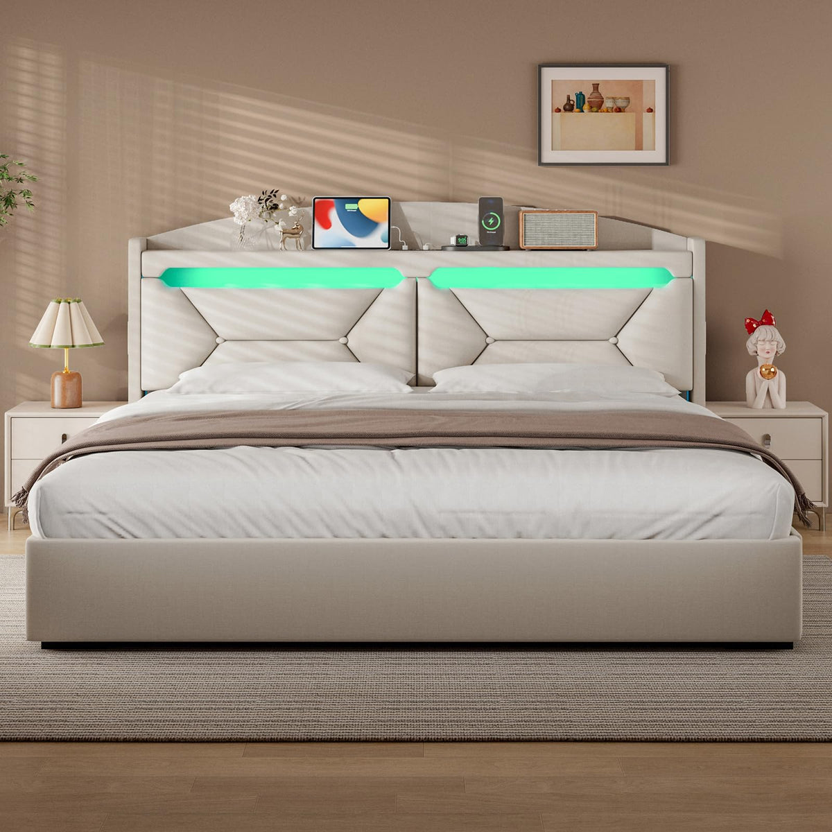 Cama 90x200 cm con Almacenamiento, Cama Individual con LED, Puertos USB y Type-C, Somier 90x200 Hidráulico, Camas Juveniles Camas Infantiles con Cabecero, Lino, Beige, Colchón No Incluido