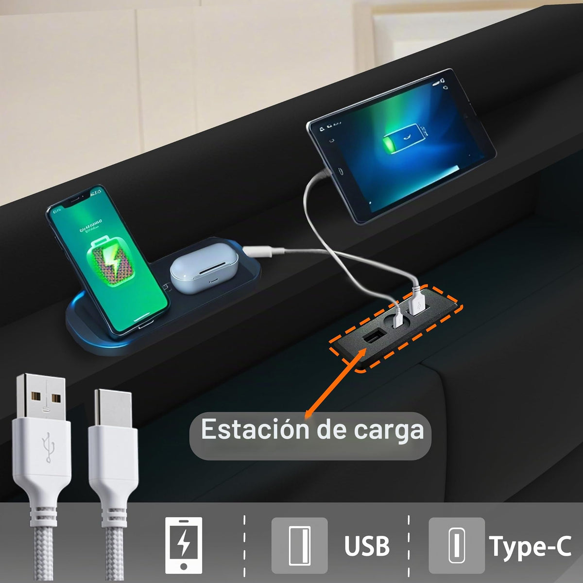 Estructura de Cama de Cuero 160x200cm con Carga USB Type-C, Blanco