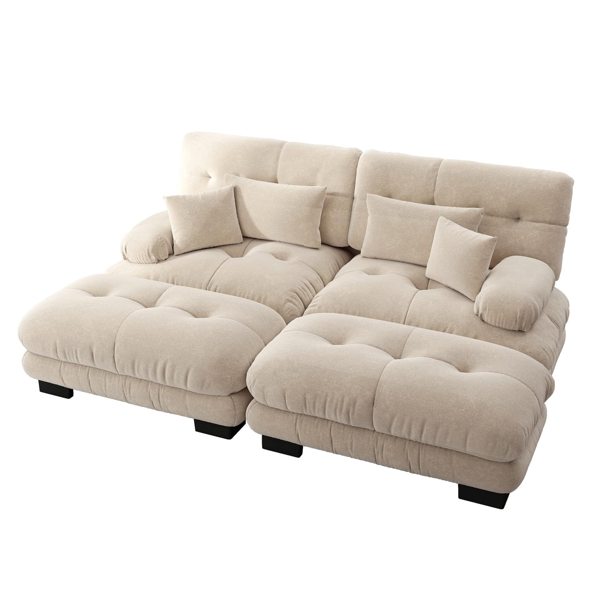 Sofá esquinero de chenilla nublado para salón, sofá doble con reposabrazos anchos, 2 cojines lumbares, 2 cojines decorativos y 2 otomanas, 220 x 140 x 81 cm (rosa)