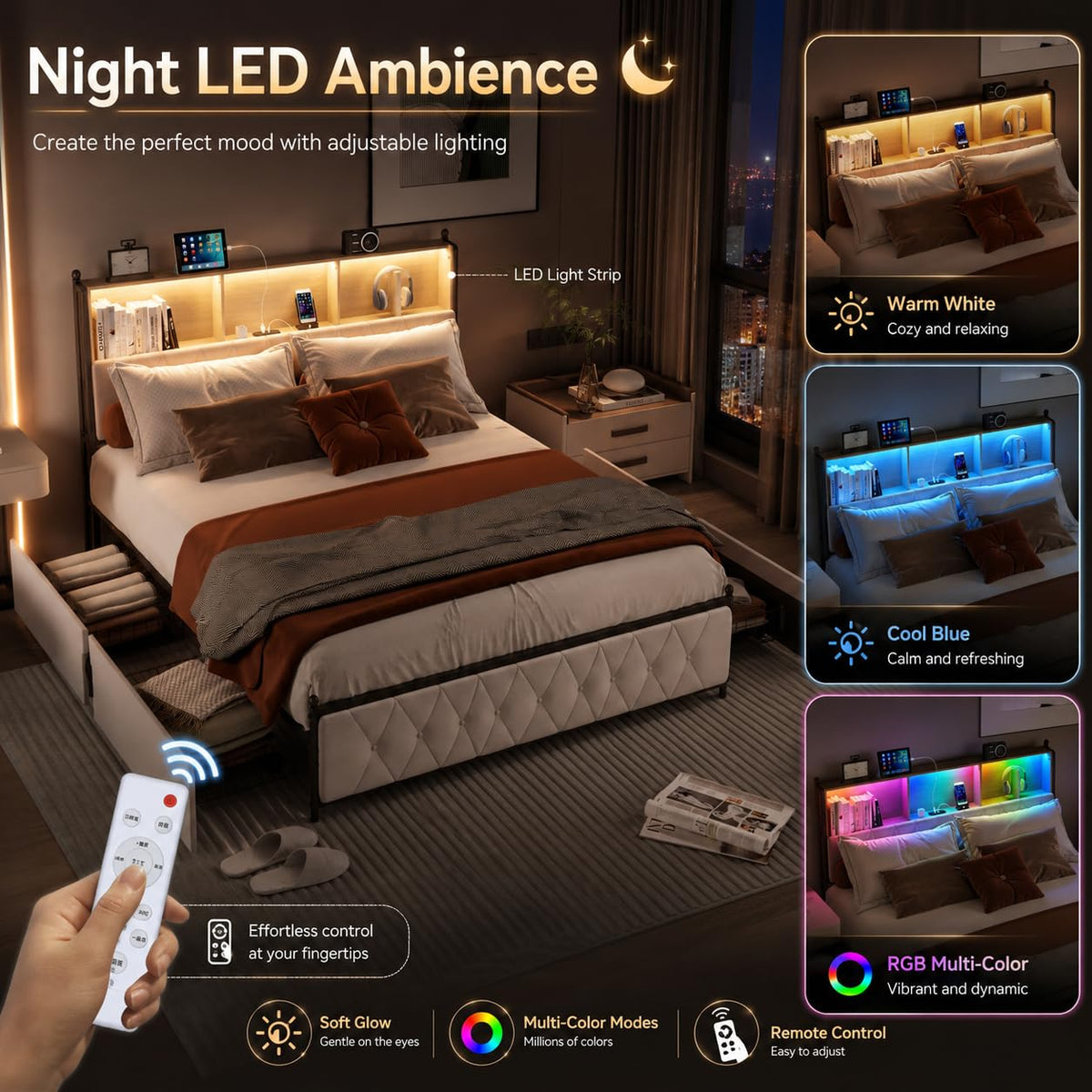 BRILVERDE Cama Tapizada 160x200 con Almacenamiento, Cama matrimonial con cajones, Cama Nido con LED, Cabecero Acolchado y Base de Láminas, Terciopelo (Beige, 160 x 200 cm)