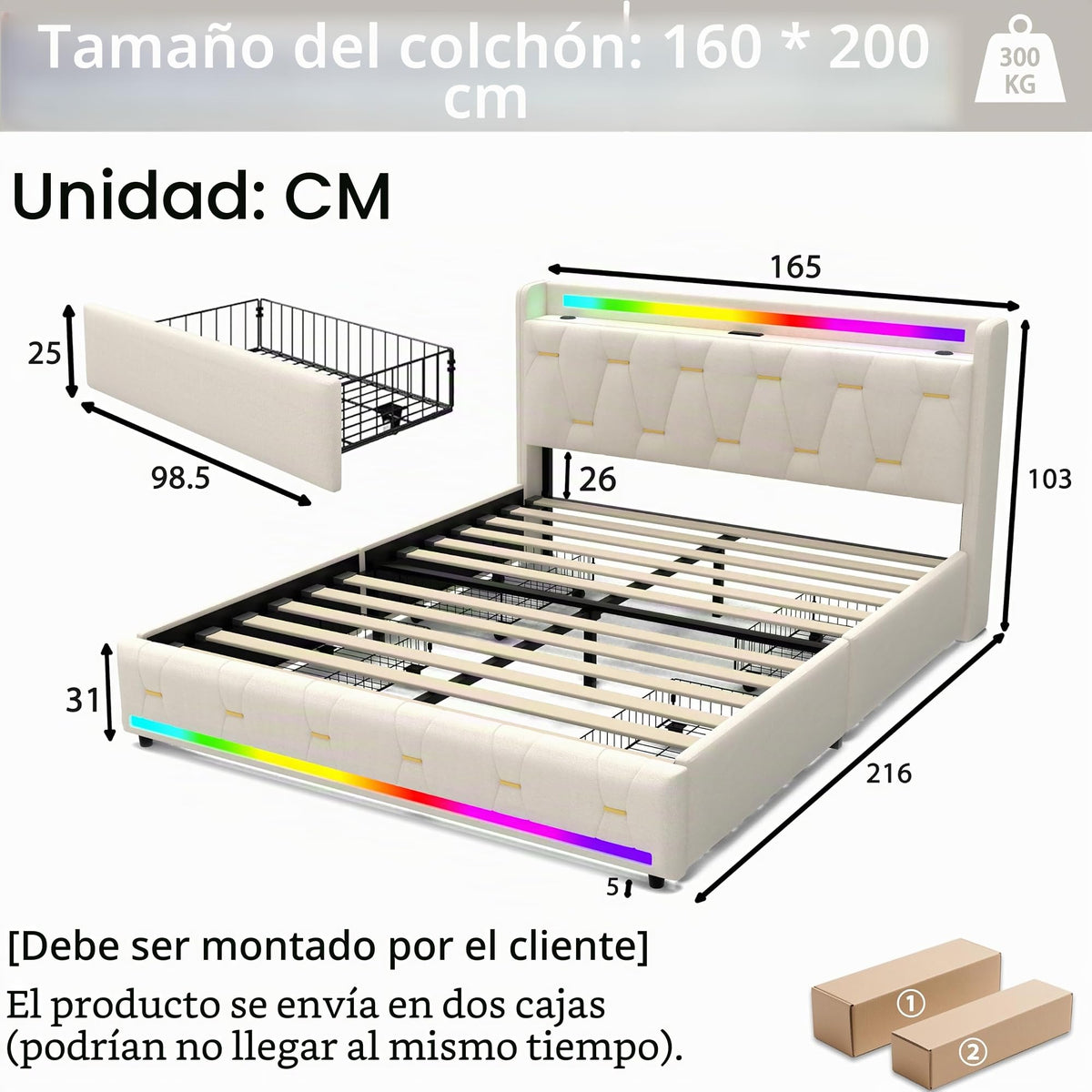 Estructura de Cama de Cuero 160x200cm con Carga USB Type-C, Blanco