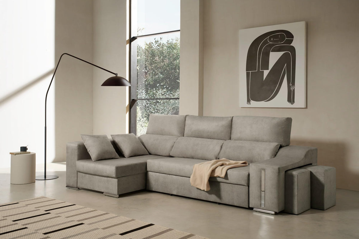 Sofa Chaise Longue Cama con Arcón y Puff Giuliana Agua Marina Izquierda