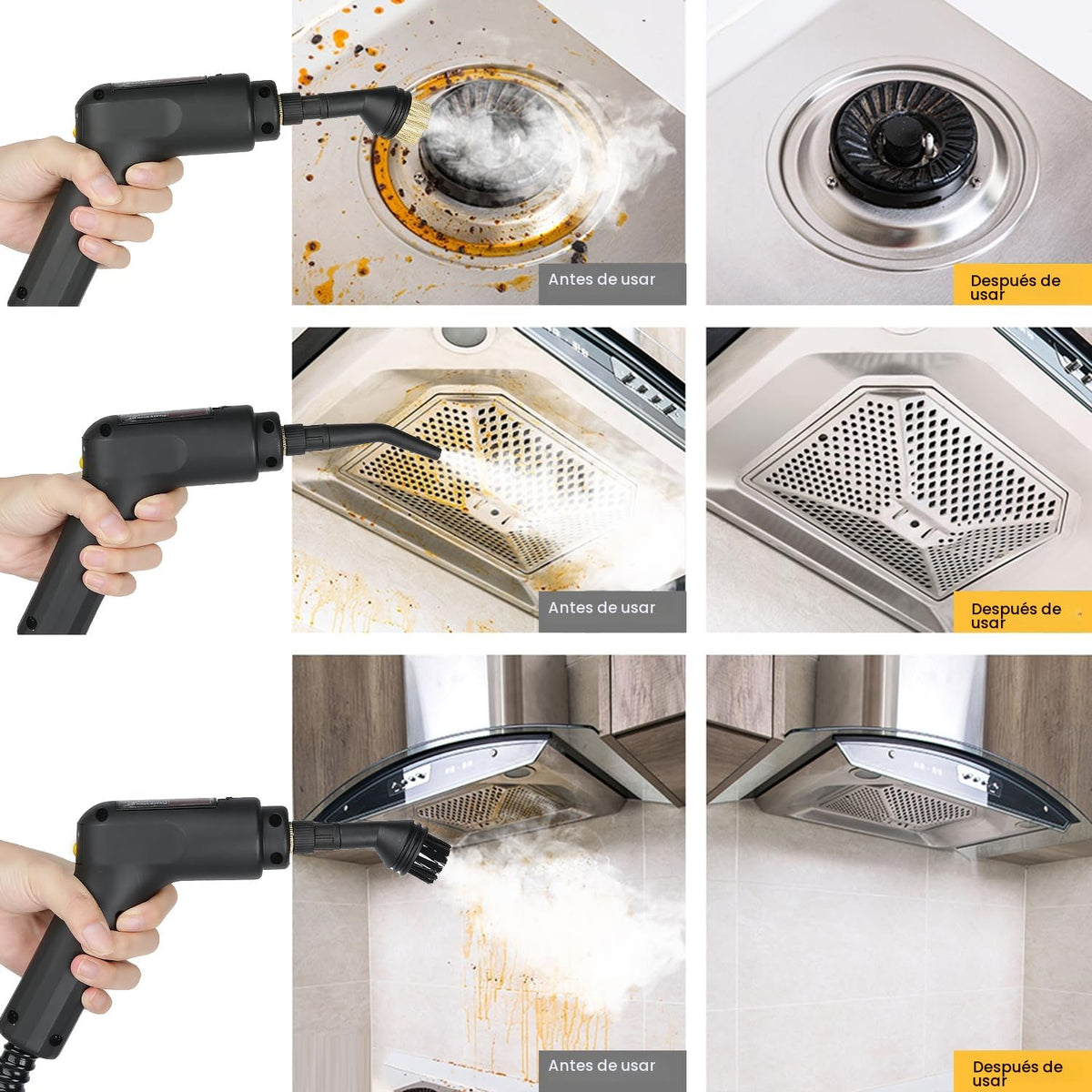 Vaporeta Limpieza Hogar 2500W, Depósito de Agua 1600ML, Mango Regulable en 3 Niveles, Alta Temperatura 105℃ y Presión 3Bar, Calentamiento Rápido 15s, 10 Accesorios, para Coche, Cocina (Amarillo)