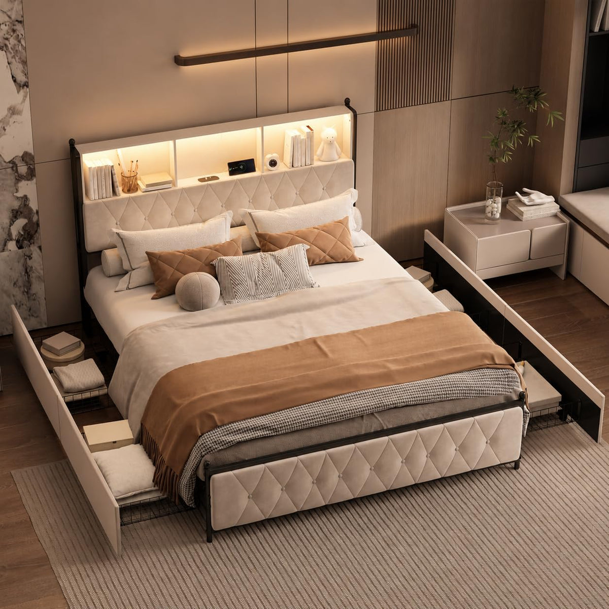 BRILVERDE Cama Tapizada 160x200 con Almacenamiento, Cama matrimonial con cajones, Cama Nido con LED, Cabecero Acolchado y Base de Láminas, Terciopelo (Beige, 160 x 200 cm)