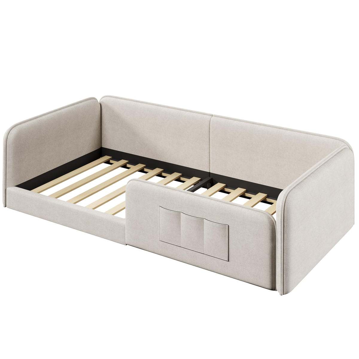 Cama con plataforma 90 x 200 cm con funda de lino suave, acolchado de espuma con marco de seguridad integral, color gris