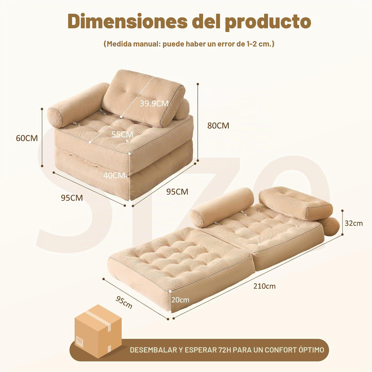 Sofá Convertible 4 en 1, Sofá Cama 1 Plaza, Pana, Negro