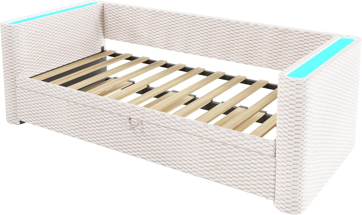 Moimhear Cama de día, diván cama, sofá cama, diseño de cama extensible multifuncional con tira de luz LED, somier de listones (sin colchón), terciopelo (beis, 90 x 200 cm+180 x 200 cm)