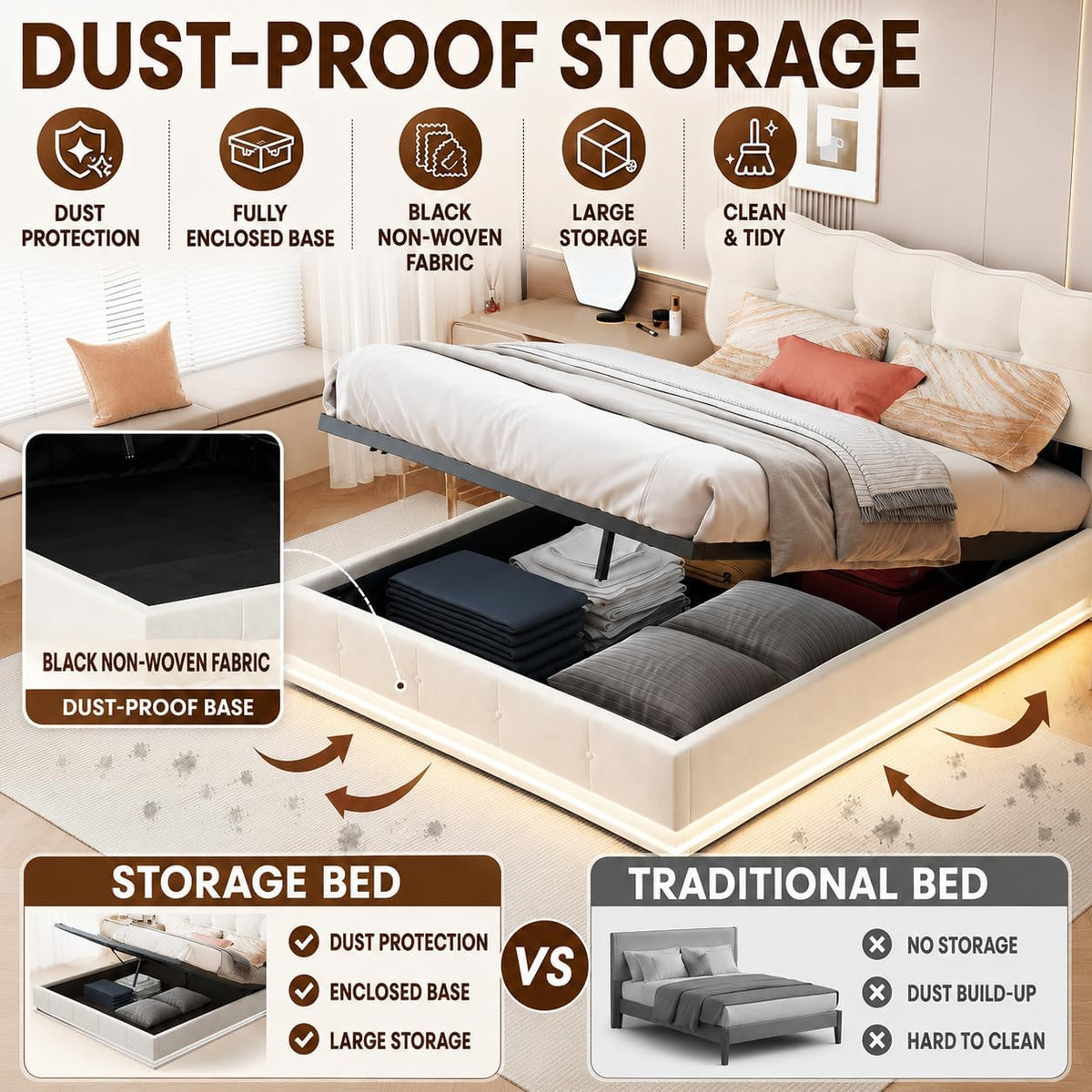 BRILVERDE Cama Tapizada 140x200 con Almacenamiento hidráulico, Cama matrimonial con Toma USB y luz LED, Cabecero Acolchado y Base de Láminas, Terciopelo (Beige, 140 x 200 cm)