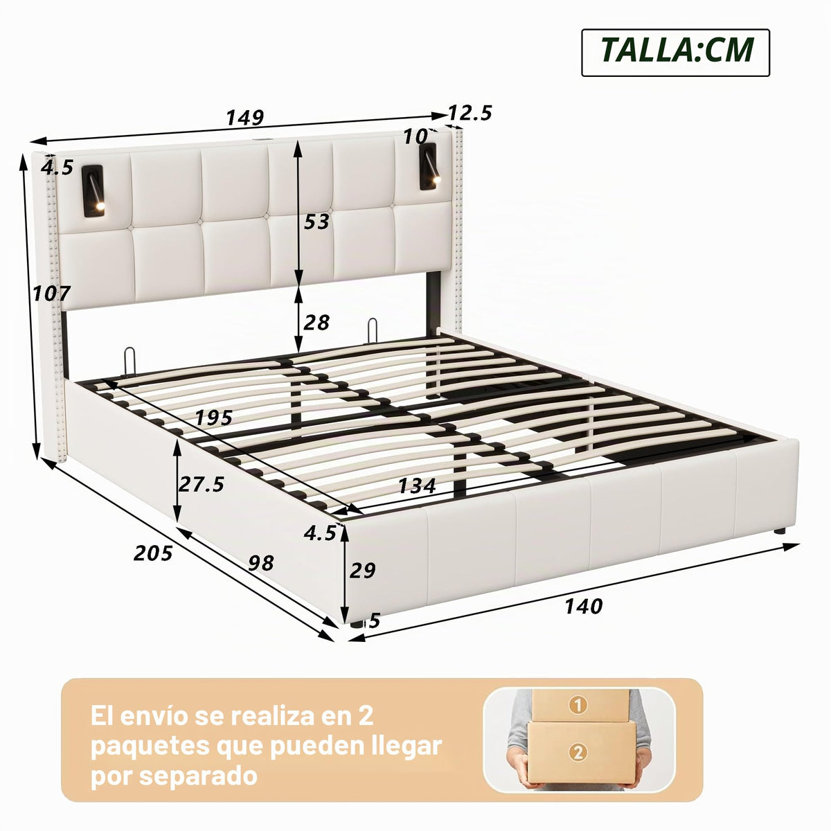 BRILVERDE Cama Tapizada 160x200 con Almacenamiento hidráulico, Cama matrimonial con lámpara de mesita, Cabecero Acolchado y Base de Láminas, Terciopelo (Beige, 160 x 200 cm)