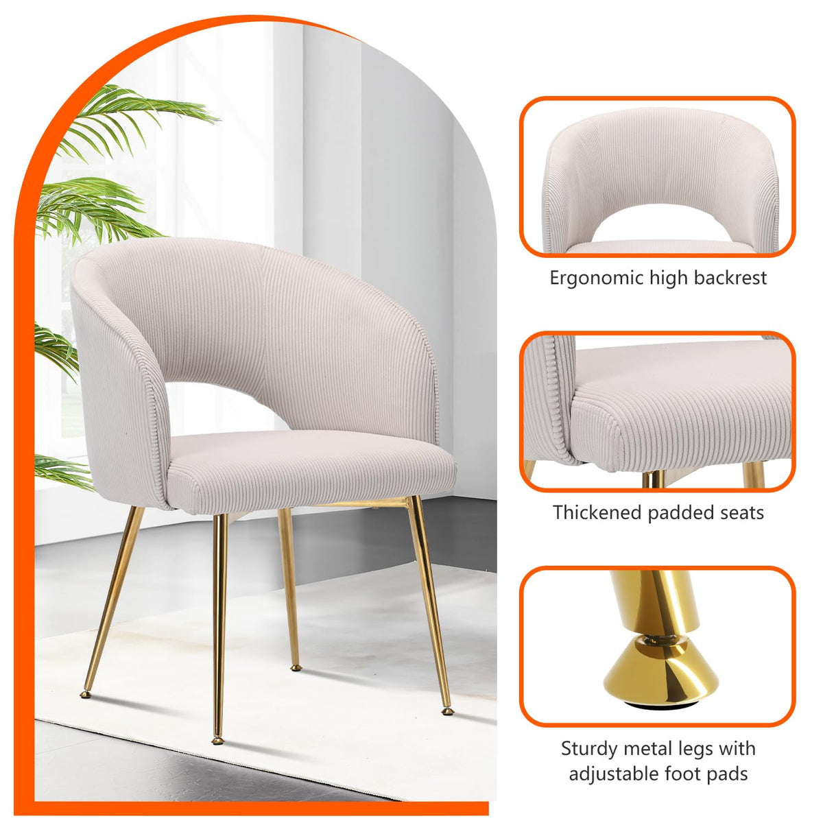 Juego de 6 sillas de comedor de terciopelo, sillas tapizadas con reposabrazos, patas doradas, sillas de cocina, para salón, dormitorio, oficina (6, blanco crema)