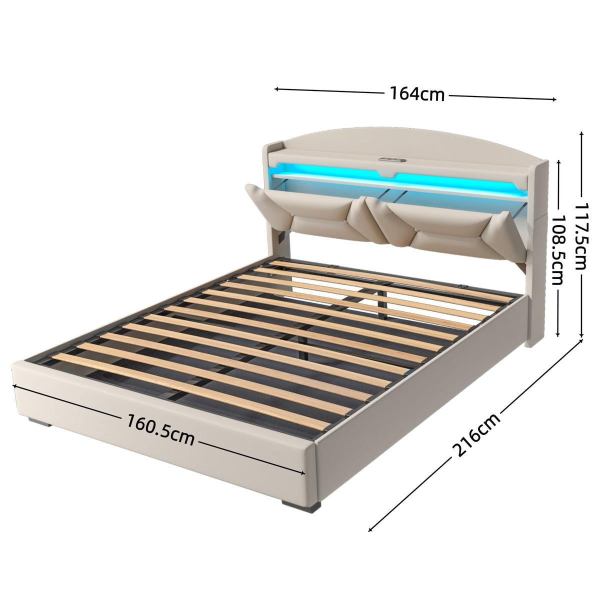 Cama 90x200 cm con Almacenamiento, Cama Individual con LED, Puertos USB y Type-C, Somier 90x200 Hidráulico, Camas Juveniles Camas Infantiles con Cabecero, Lino, Beige, Colchón No Incluido