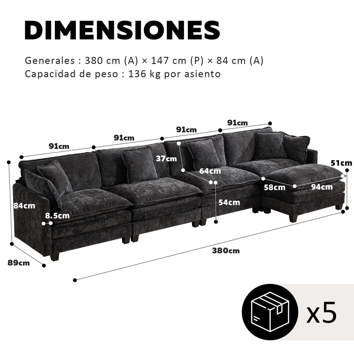 Sofá Modular Modular de 380.0 cm en Forma de L, sofás Convertibles de Gran tamaño, sofá de felpilla de 4 plazas con Asiento Profundo SleeperCloud con Almohadas y 2 otomanas para Sala de