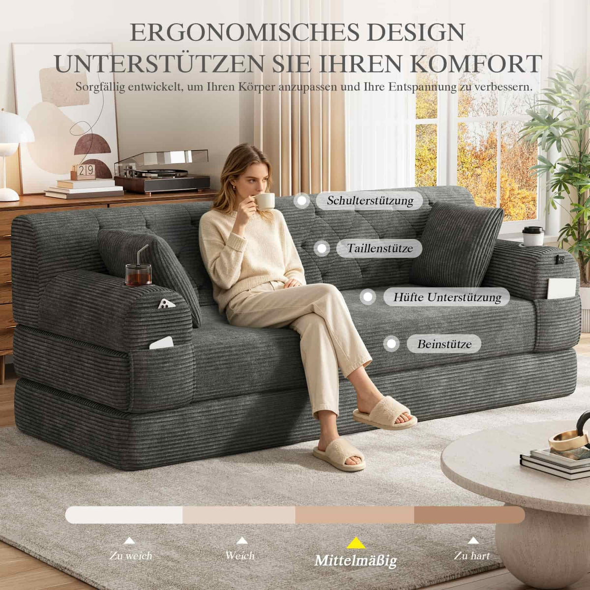 YEHTOKHOME - Sofá de Velor acanalado con respaldo alto y estructura metálica, sofá moderno de 2 plazas con 2 portavasos y 4 bolsillos laterales, para salón, dormitorio (Beige)