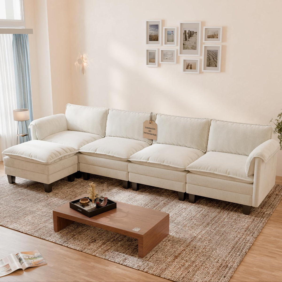 ELUCHANG Sofá Nube Modular 256cm, Sofá de 3 Plazas con Asiento Profundo 62cm, Montaje sin Herramientas, Sofá Moderno de Chenilla para Salón y Habitación, Gris Perla