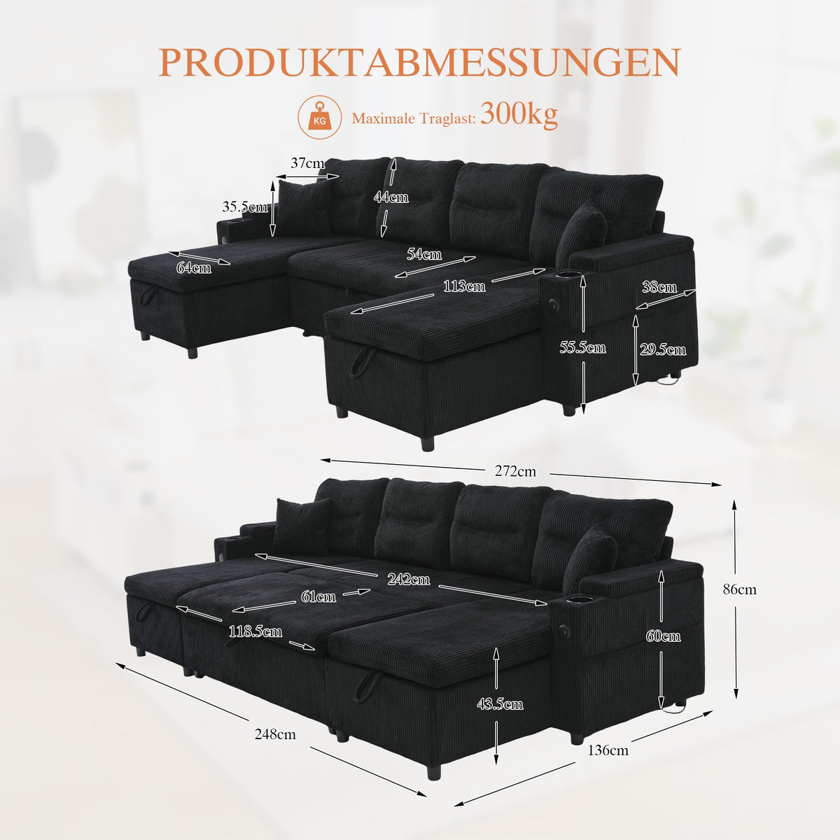 Dolamaní Sofá moderno de 4 plazas de tela de lino con espacio de almacenamiento y función de dormir, sofá cama con cajonera extensible en forma de L para casa y salón (beige B)