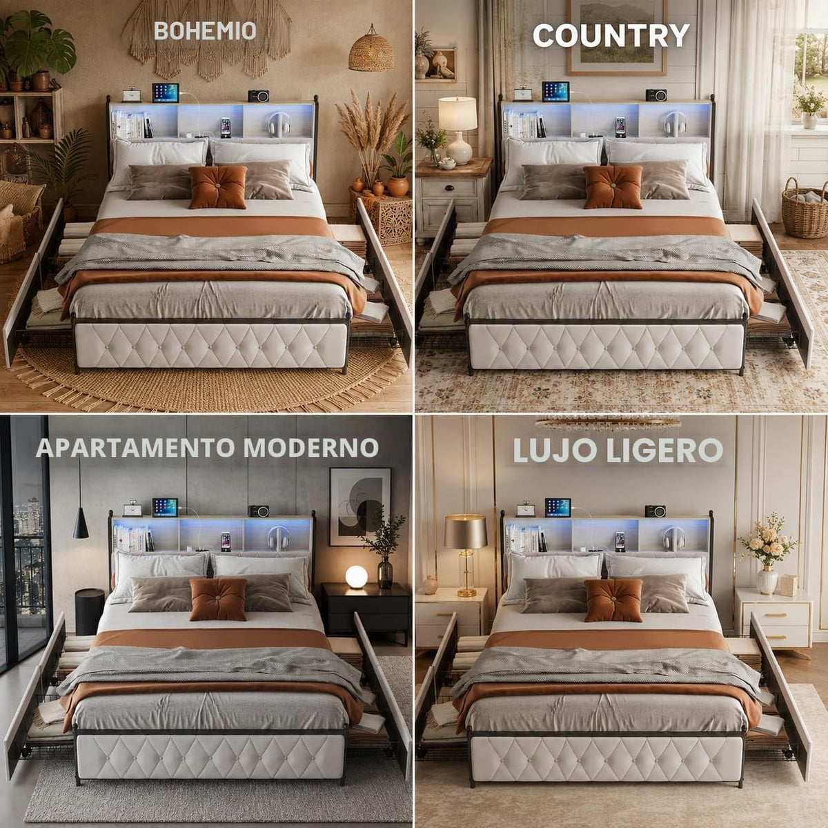 BRILVERDE Cama Tapizada 160x200 con Almacenamiento, Cama matrimonial con cajones, Cama Nido con LED, Cabecero Acolchado y Base de Láminas, Terciopelo (Beige, 160 x 200 cm)