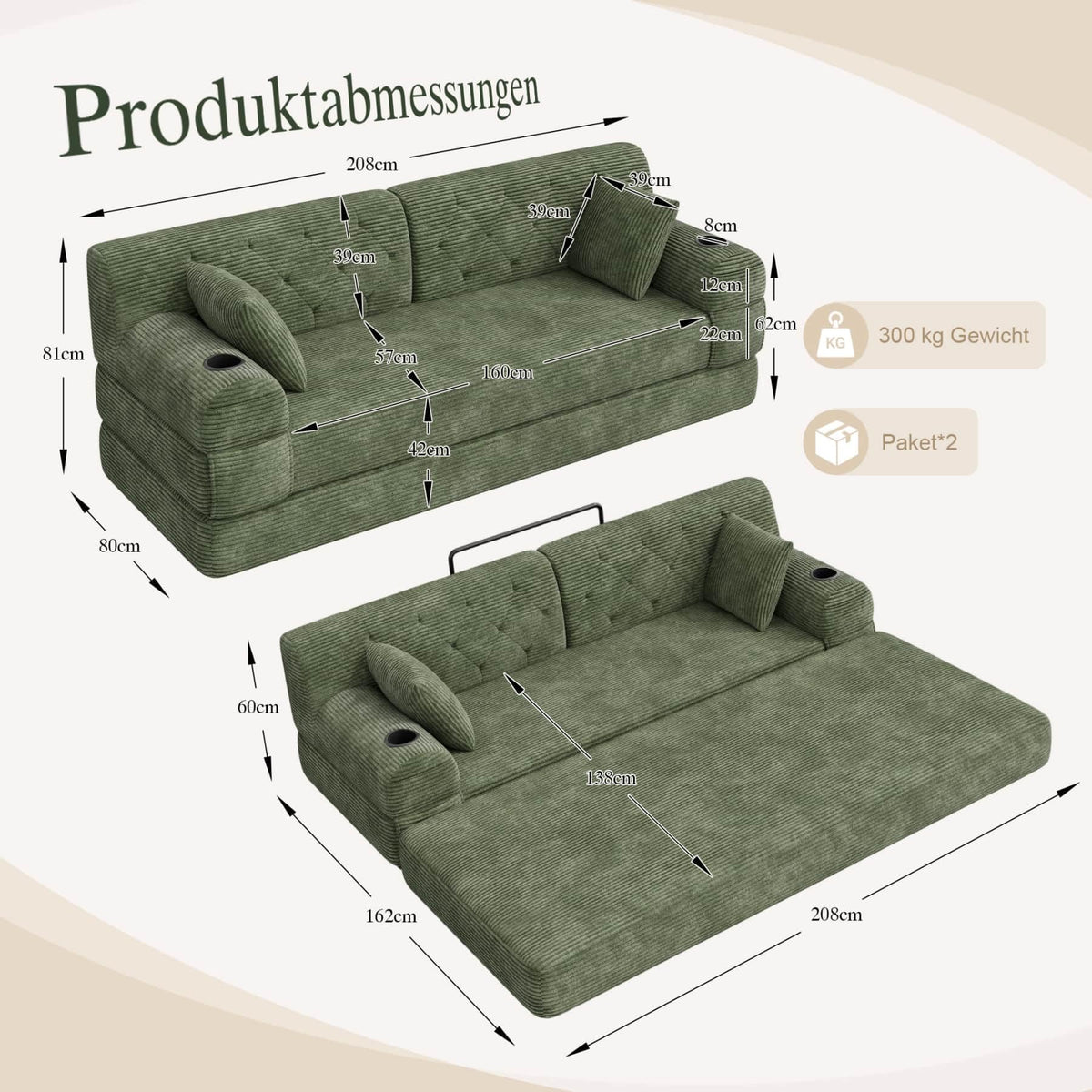 YEHTOKHOME - Sofá de Velor acanalado con respaldo alto y estructura metálica, sofá moderno de 2 plazas con 2 portavasos y 4 bolsillos laterales, para salón, dormitorio (Beige)