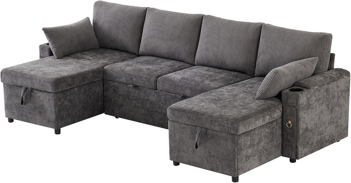 Kebnor Sofá cama de cuatro plazas en forma de U con soporte para bebidas, sofá de esquina con espacio de almacenamiento y función de descanso. Incluye soporte para bebidas y almohadas. Sofá