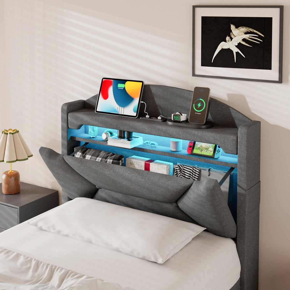 Cama 90x200 cm con Almacenamiento, Cama Individual con LED, Puertos USB y Type-C, Somier 90x200 Hidráulico, Camas Juveniles Camas Infantiles con Cabecero, Lino, Beige, Colchón No Incluido