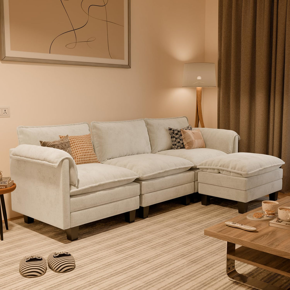 ELUCHANG Sofá Nube Modular 256cm, Sofá de 3 Plazas con Asiento Profundo 62cm, Montaje sin Herramientas, Sofá Moderno de Chenilla para Salón y Habitación, Gris Perla