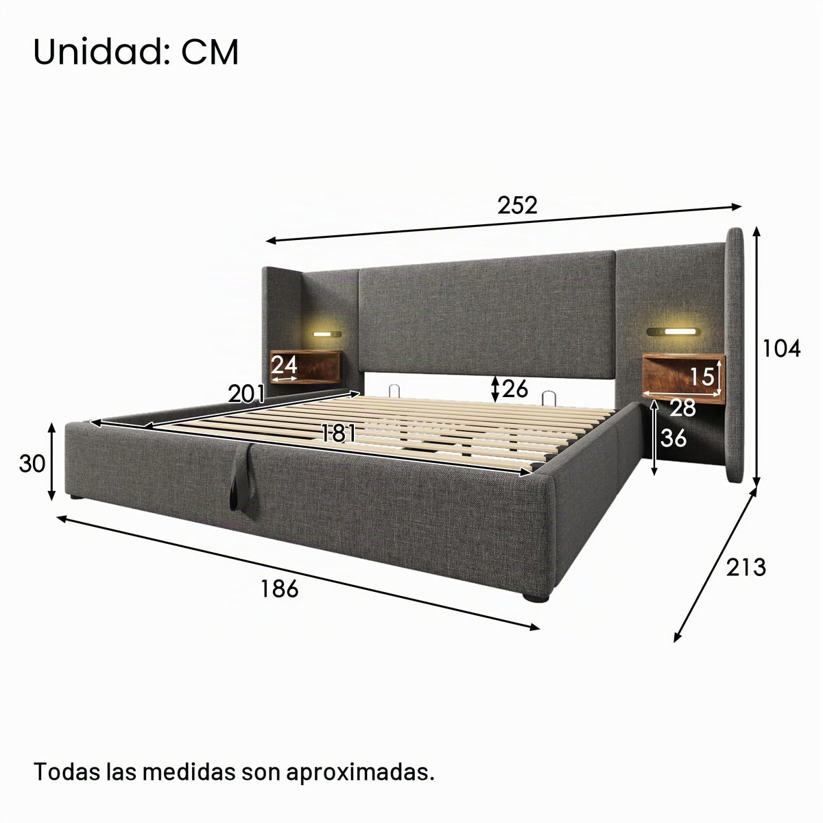 Camas Matrimoniales 160x200 con Cabecero Extendido y Espacio de Almacenaje Hidráulica, Cama Matrimonio con Lámpara de Lectura, Cama Doble con Puerto USB y Tipo C, Lino, Gris, Sin Colchón