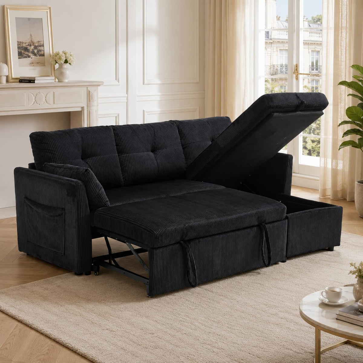 Lubvtti Sofá cama de 3 plazas moderno con función de cama, con espacio de almacenamiento, cargador USB, reposabrazos portaobjetos y 2 cojines, sofá de esquina en L, sofá de 3 plazas, chenilla (C-gris)