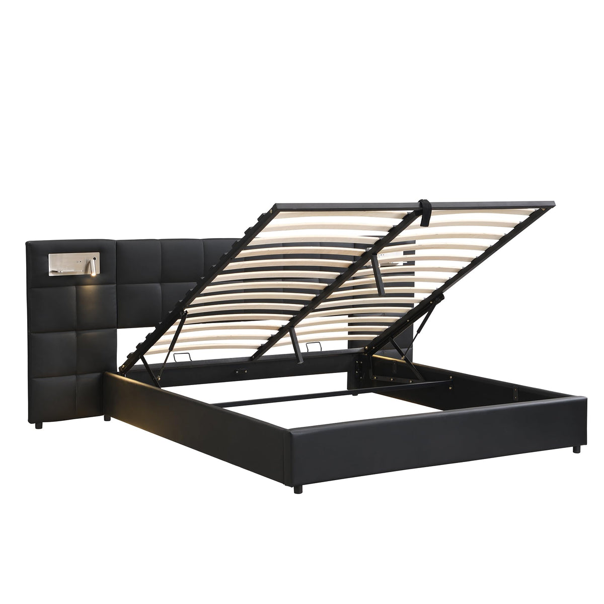 Cama 180x200 cm Camas Matrimoniales con LED y Lámpara de Noche, Cama Doble Tapizada con USB y Cabecero Ancho, Almacenaje Hidráulico, Soporte de Lamas de Madera, Terciopelo, Sin Colchón, Gris