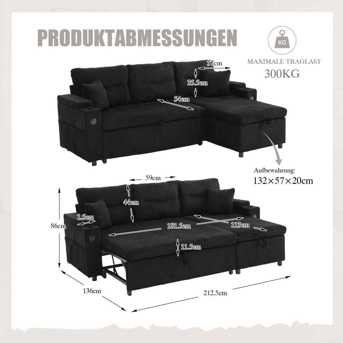Dolamaní Sofá moderno de 4 plazas de tela de lino con espacio de almacenamiento y función de dormir, sofá cama con cajonera extensible en forma de L para casa y salón (beige B)