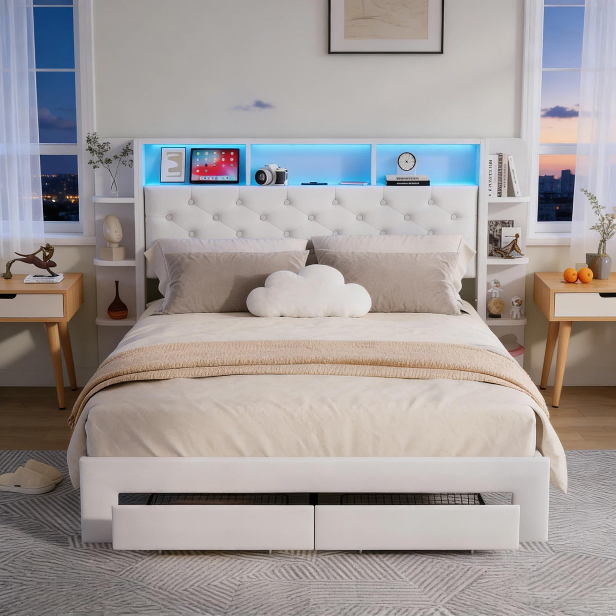 BRILVERDE Cama Tapizada 160x200 con Almacenamiento, Cama matrimonial con cajones, Cama Nido con LED, Cabecero Acolchado y Base de Láminas, Terciopelo (Beige, 160 x 200 cm)