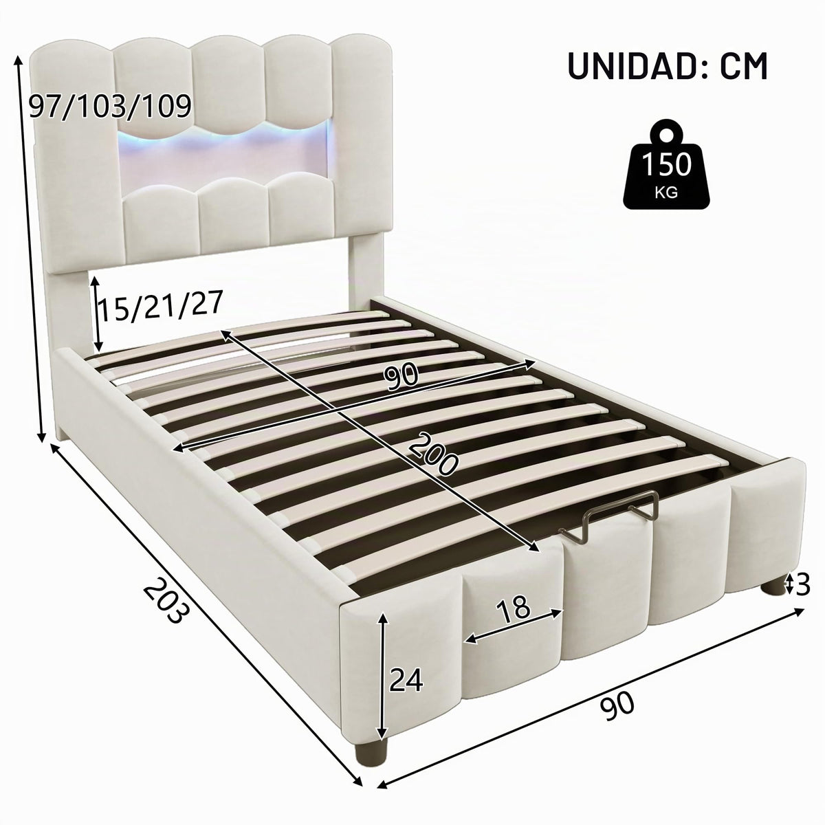 Kebnor Cama tapizada con somier, luz ambiental con mando a distancia, diseño de princesa heredera, material PU, color rosa (sin colchón) (140 x 200 cm)