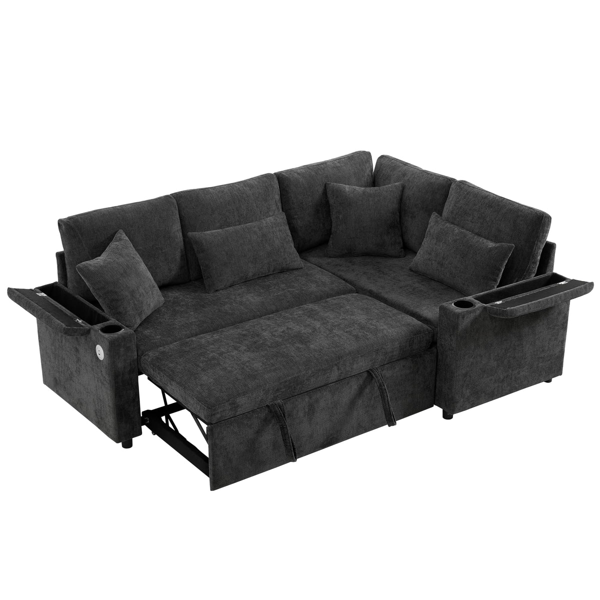 Lubvtti Sofá cama de 3 plazas moderno con función de cama, con espacio de almacenamiento, cargador USB, reposabrazos portaobjetos y 2 cojines, sofá de esquina en L, sofá de 3 plazas, chenilla (C-gris)