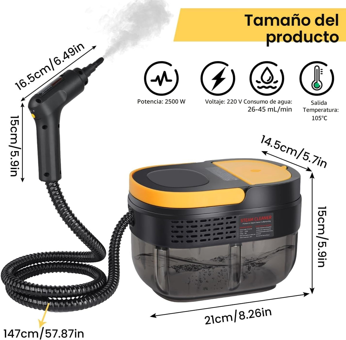 Vaporeta Limpieza Hogar 2500W, Depósito de Agua 1600ML, Mango Regulable en 3 Niveles, Alta Temperatura 105℃ y Presión 3Bar, Calentamiento Rápido 15s, 10 Accesorios, para Coche, Cocina (Amarillo)