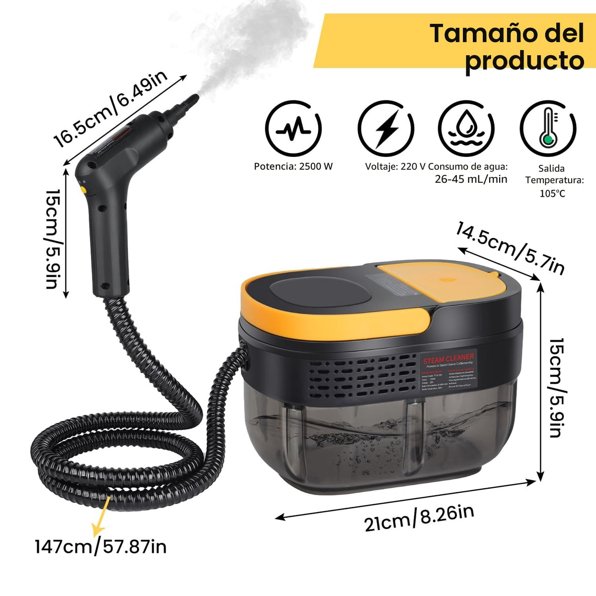 Vaporeta Limpieza Hogar 2500W, Depósito de Agua 1600ML, Mango Regulable en 3 Niveles, Alta Temperatura 105℃ y Presión 3Bar, Calentamiento Rápido 15s, 10 Accesorios, para Coche, Cocina (Amarillo)