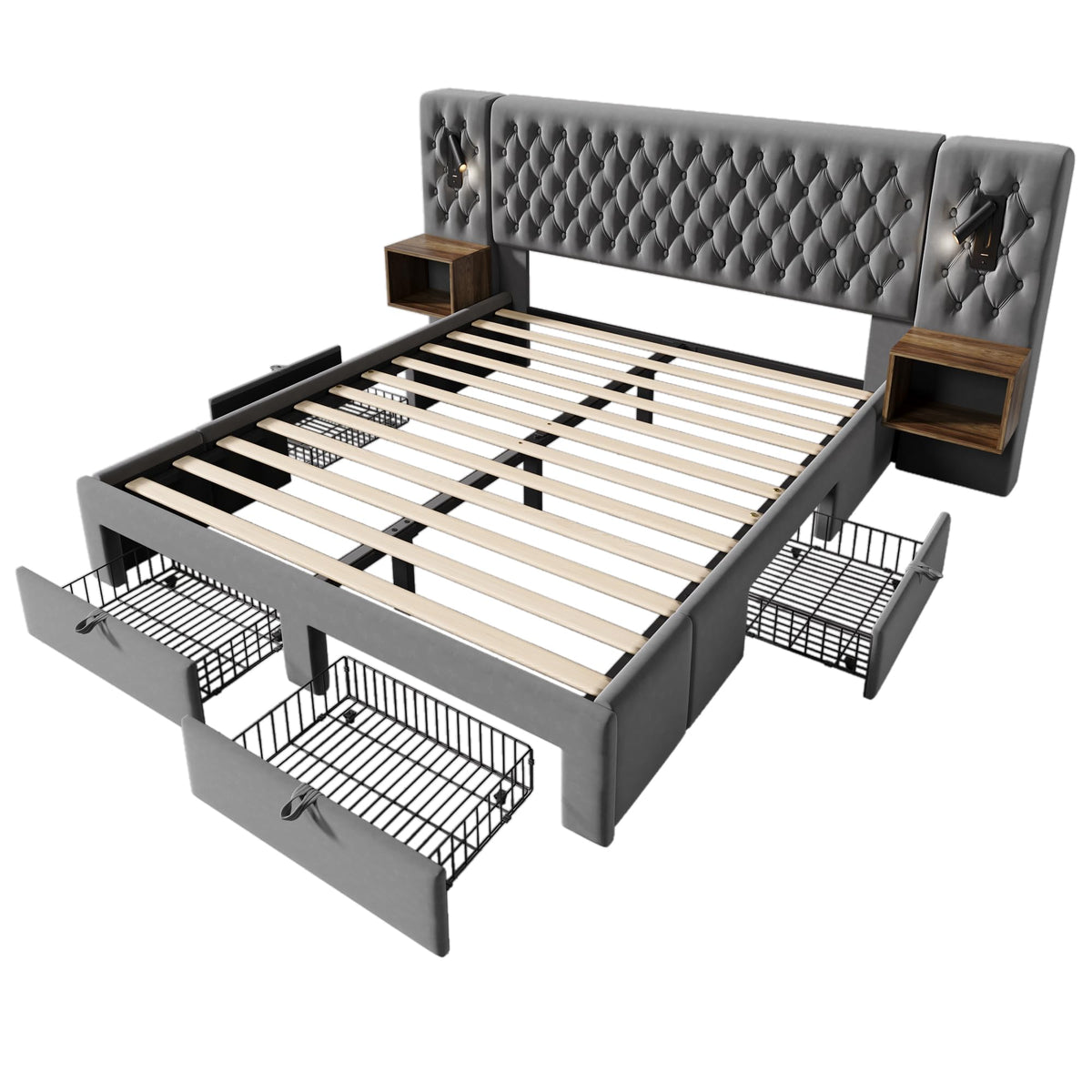 Juego completo de cama para dormitorio, cama doble tapizada de 160 x 200 cm, con 2 mesitas de noche y 4 cajones, cabecero de luz de lectura con función de carga USB, terciopelo, sin colchón