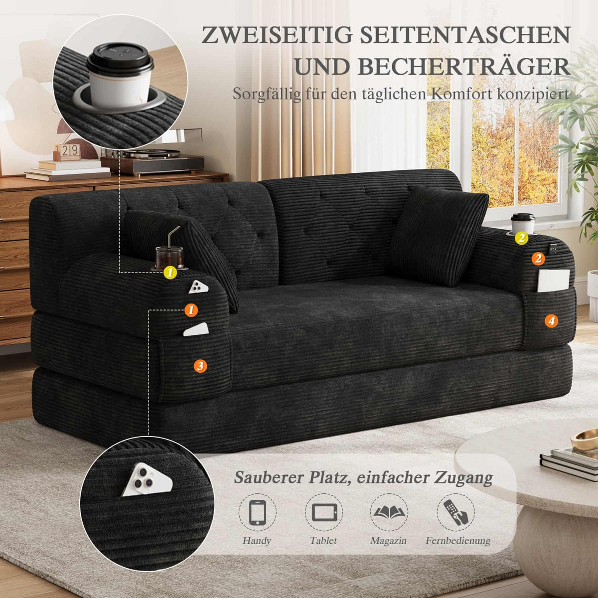 YEHTOKHOME - Sofá de Velor acanalado con respaldo alto y estructura metálica, sofá moderno de 2 plazas con 2 portavasos y 4 bolsillos laterales, para salón, dormitorio (Beige)
