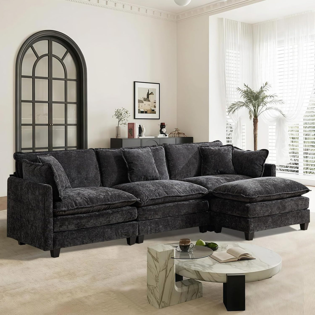Sofá Modular Modular de 380.0 cm en Forma de L, sofás Convertibles de Gran tamaño, sofá de felpilla de 4 plazas con Asiento Profundo SleeperCloud con Almohadas y 2 otomanas para Sala de