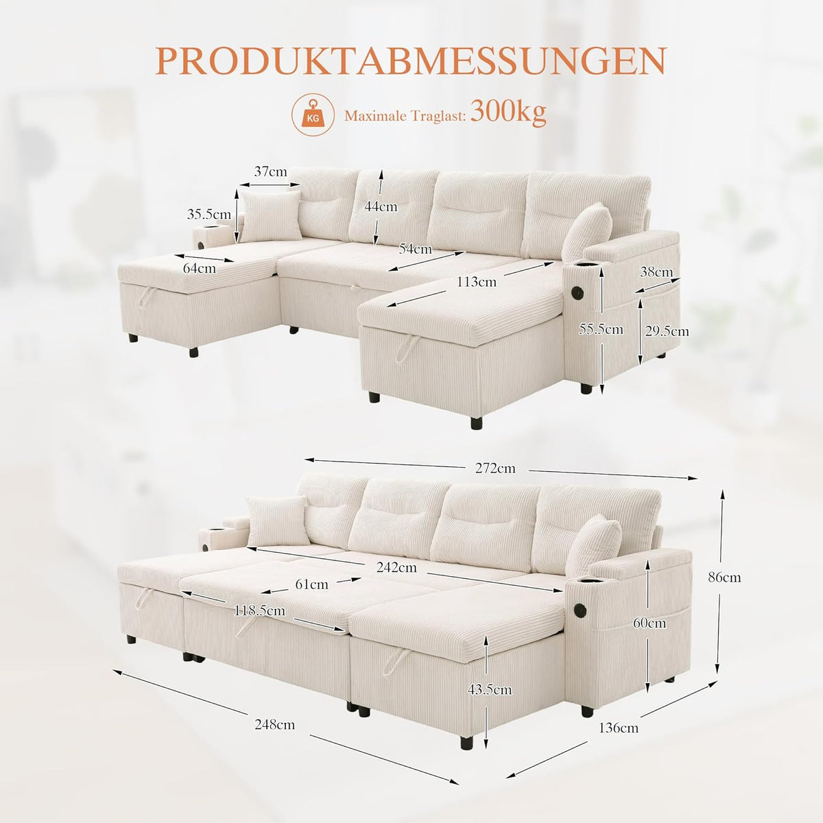 Dolamaní Sofá moderno de 4 plazas de tela de lino con espacio de almacenamiento y función de dormir, sofá cama con cajonera extensible en forma de L para casa y salón (beige B)