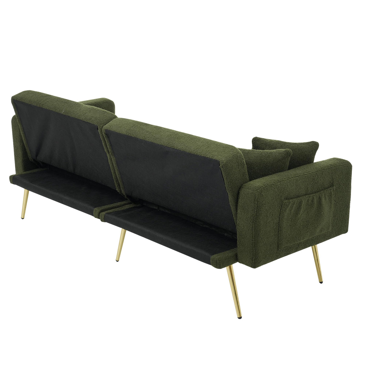Sofá cama con esquinas ajustables, patas doradas, almohadas y bolsillos laterales para almacenamiento (Bavia)