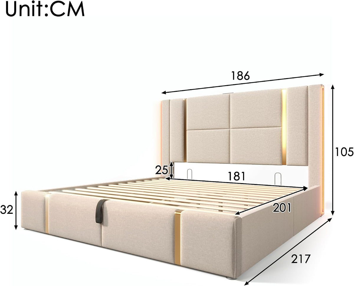 Cama tapizada doble USB tipo C función de carga APP Control LED 180 × 200 cm espacio espacio cama somier de láminas de madera, material de lino beige (sin colchón)