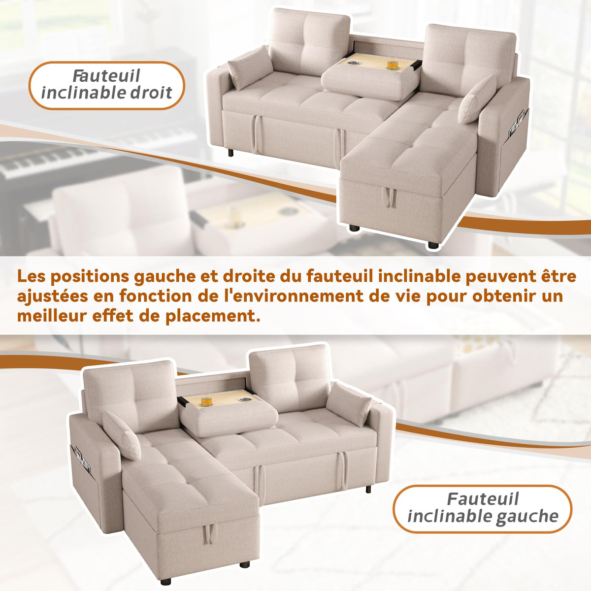 Sofá esquinero extensible en forma de L con puerto USB y portavasos, sofá cama de 4 plazas con función cama, sofá convertible con espacio de almacenamiento y reposabrazos, cojines, chenilla