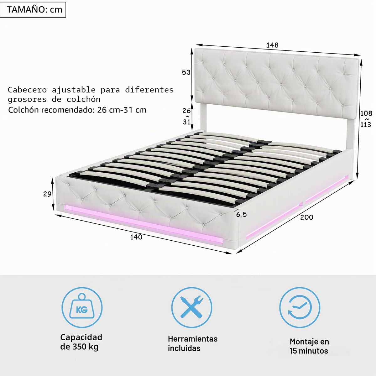 BRILVERDE Cama Tapizada 160x200 con Almacenamiento hidráulico, Cama matrimonial con lámpara de mesita, Cabecero Acolchado y Base de Láminas, Terciopelo (Beige, 160 x 200 cm)