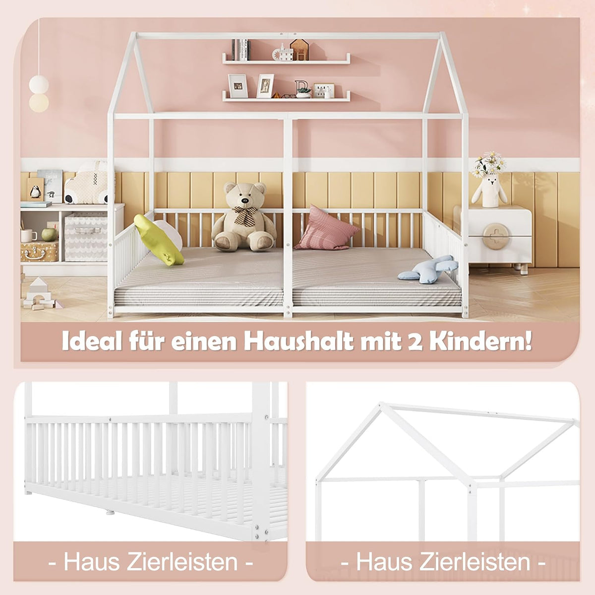Cama infantil de 90 x 200 cm, dos camas de 90 cm con protección anticaídas, cama doble con modelado de casa, marco de hierro, color blanco, ideal para 2 niños