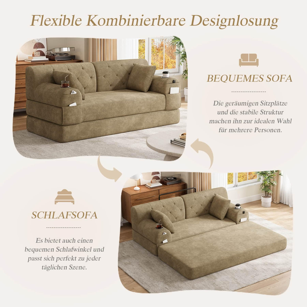 YEHTOKHOME - Sofá de Velor acanalado con respaldo alto y estructura metálica, sofá moderno de 2 plazas con 2 portavasos y 4 bolsillos laterales, para salón, dormitorio (Beige)
