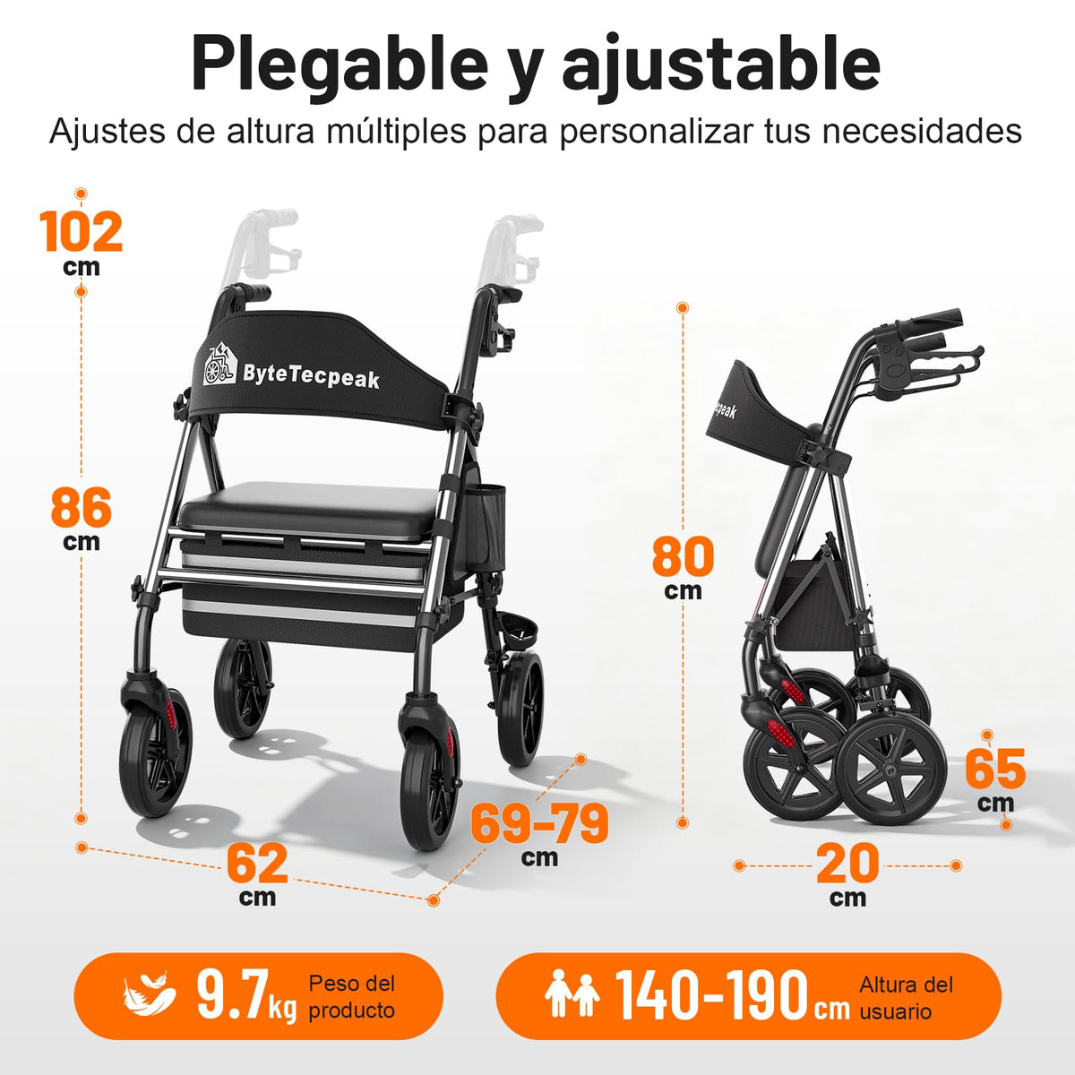R4 Andador Plegable de 4 Ruedas con Asiento