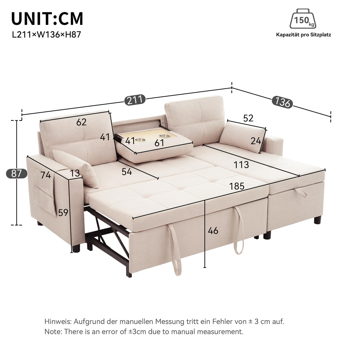 Bladez Sofá cama extensible en forma de L de lino con espacio de almacenamiento, soporte para bebidas, sofá modular de 3 plazas para salón (gris)