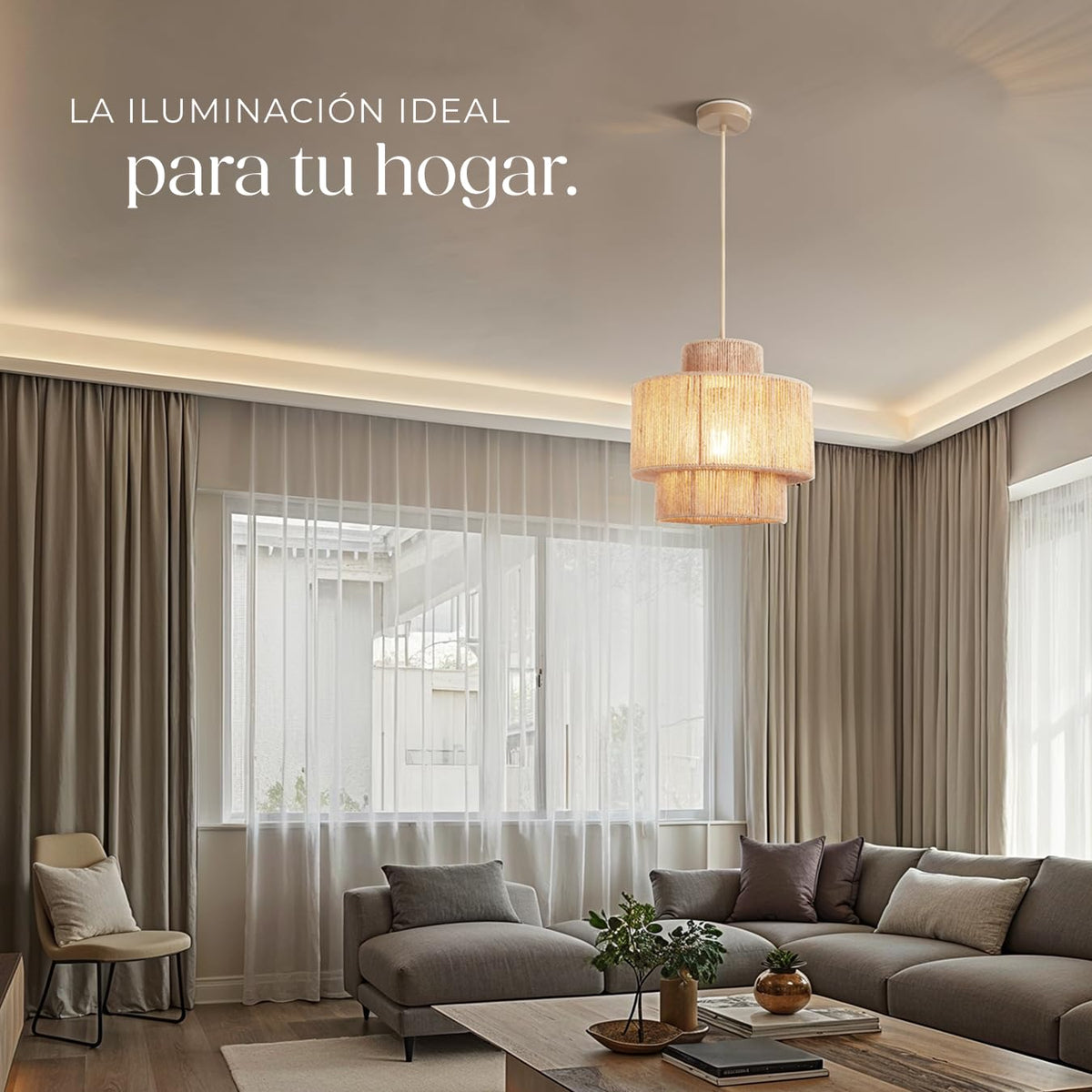 tectake® Lampara Techo Dormitorio Boho Artesanal en Yute Sostenible con Estructura de Acero, Lámpara de Techo Colgante Salón 40 W, Lampara Salon, Plafon - 45 x 45 x 27,5 cm