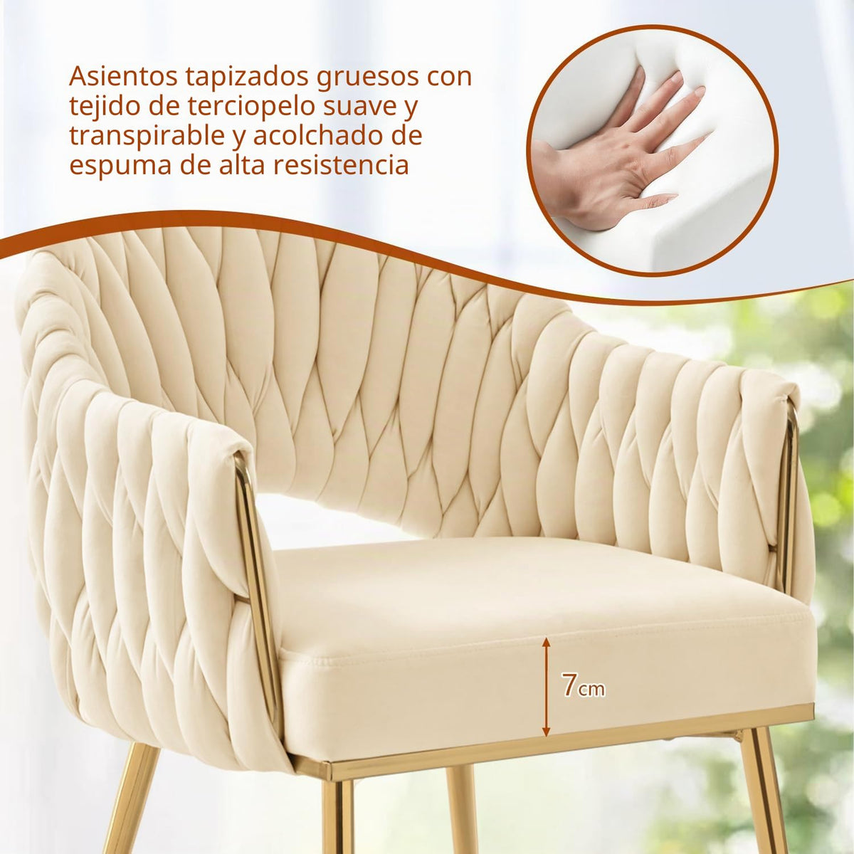 Juego de 4 sillas de comedor de terciopelo, sillones de salón, sillas de comedor con reposabrazos, sillas de cocina con respaldo alto trenzado a mano, silla de tocador con patas doradas
