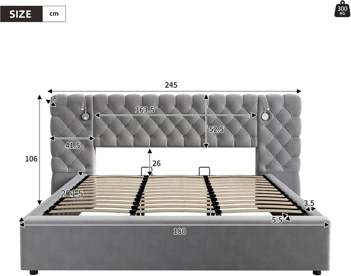 Cama Tapizada 180x200, Cama Doble con LED iluminación y Espacio de Almacenamiento, Hidráulica Modern Cama Matrimonio Juvenil con Cabecero Ancho y Suave y Somier, Gris, Terciopelo, Sin Colchón